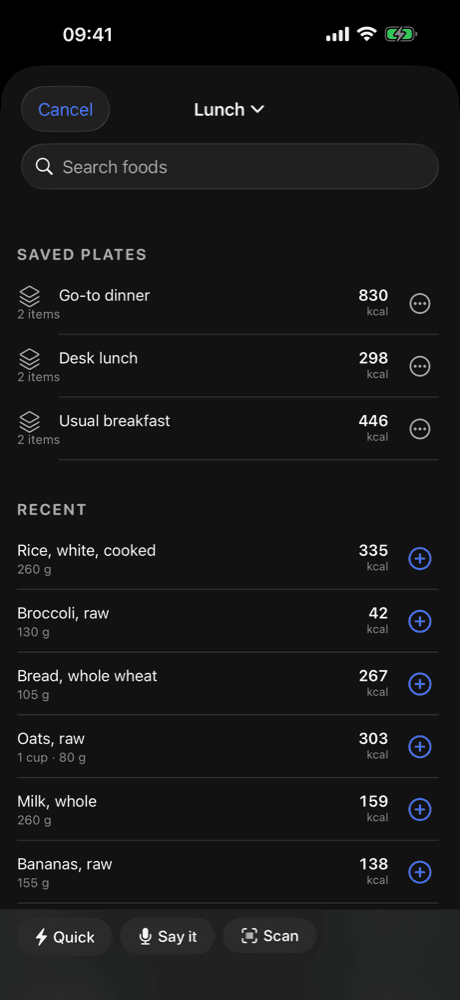 The Add Food sheet in Fuel8, showing saved plates above recently eaten foods.