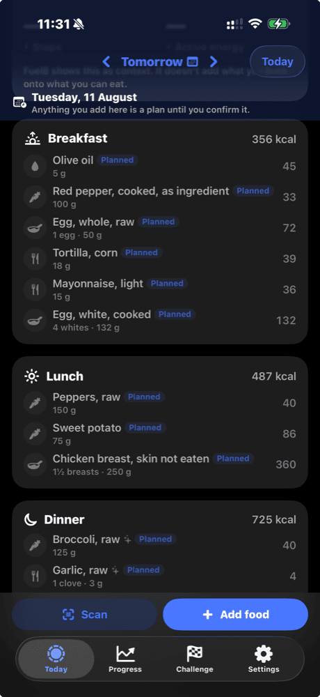 A future day in Fuel8 where every food carries a Planned tag until confirmed.