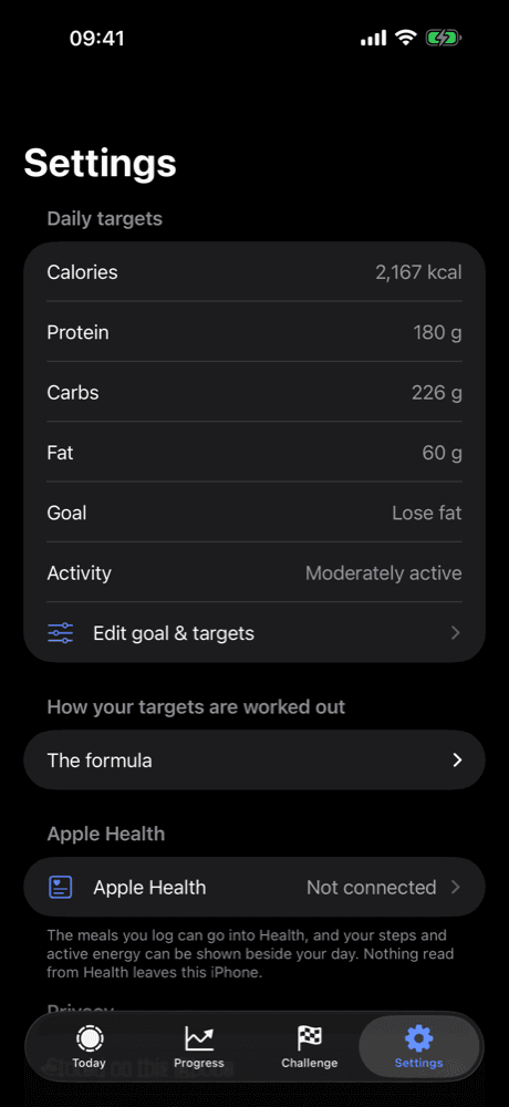 The Fuel8 settings screen, with every calorie and macro target editable and the formula shown.
