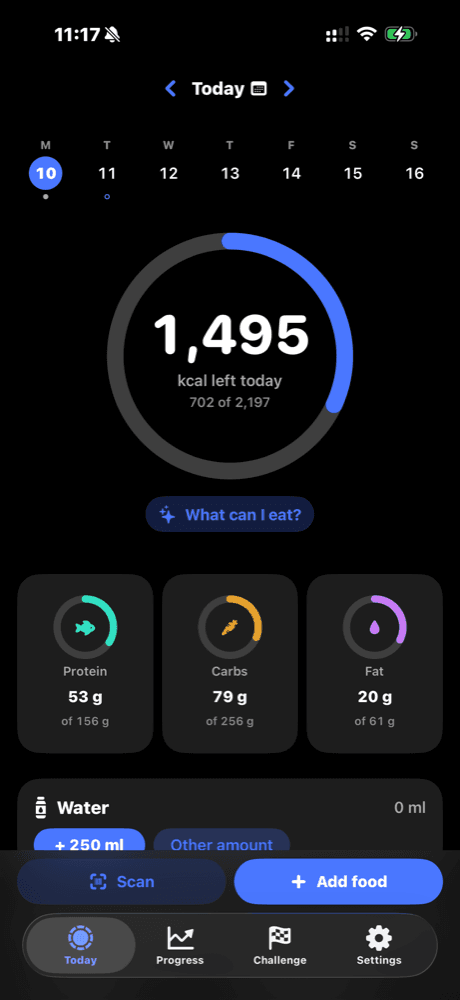 The Fuel8 Today screen showing calories left, the week strip, and protein, carb and fat rings.
