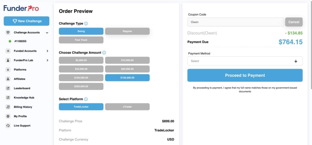 FunderPro prop firm challenge purchase page using code Owen for 15% off