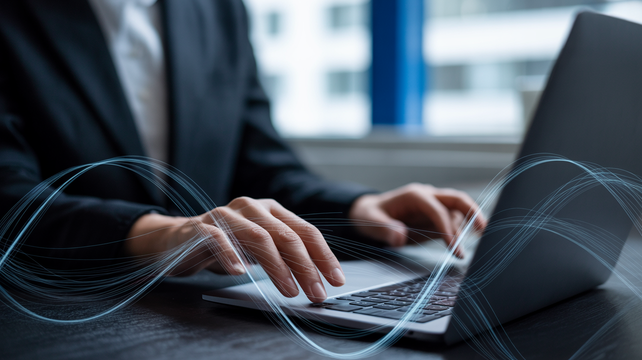 Photo: Professional reviewing trading workflow automation on laptop with data visualization overlay
